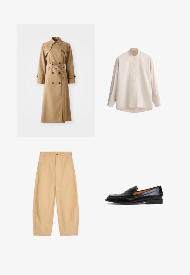 Beige trenchcoat med dobbeltknappe-lukning, bred krave, belted talje og lange ærmer. Har mønstrede stoffer og knapdetaljer.; Beige langærmet skjorte med knapper og mandarinkrave samt manchetter, vist på hvid baggrund.; Beige bukser med vide ben, forlommer, bæltestropper, knaplukning og lynlås, vist på hvid baggrund.; Sorte læder loafers med et elegant design, der har en bred rem over vristen, rund tå og flad sål. Glat tekstur med minimal syning.