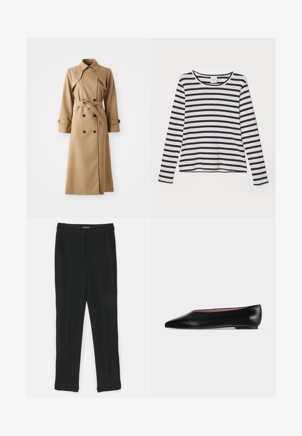Beige Trenchcoat mit doppelt geknöpften Knöpfen, breitem Kragen, tailliertem Gürtel und langen Ärmeln. Besitzt ein gemustertes Material und Knopfakzente.; Langärmliges Shirt in Creme mit marineblauen horizontalen Streifen, featuring einem runden Halsausschnitt, gerippter Textur und lässiger Passform.; Schwarze Hosen mit geradem Schnitt, ausgestattet mit Falten, Seiten pockets und einer glatten Textur. Aus einem leichten Stoff gefertigt.; Schwarzer flacher Damenleder-Schuh mit spitzer Kappe und niedrigem Absatz, von der Seite auf einfarbigem hellgrauem Hintergrund gezeigt.