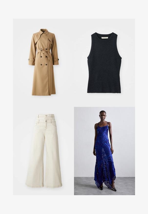 Beige trenchcoat med dobbeltknappe-lukning, bred krave, belted talje og lange ærmer. Har mønstrede stoffer og knapdetaljer.; Udenærmet, mørkegrå strikket tanktop med rund hals, lagt fladt på hvid baggrund.; Bredde-beige jeans med høj talje, der har to knaplukninger og forlommer. Fremstillet af et tekstureret bomuldsstof.; Blå og lilla dyreprint maxi kjole med tynde stropper, en tætsiddende bodice, flagrende kant og gennemsigtig overlay-detaljering.