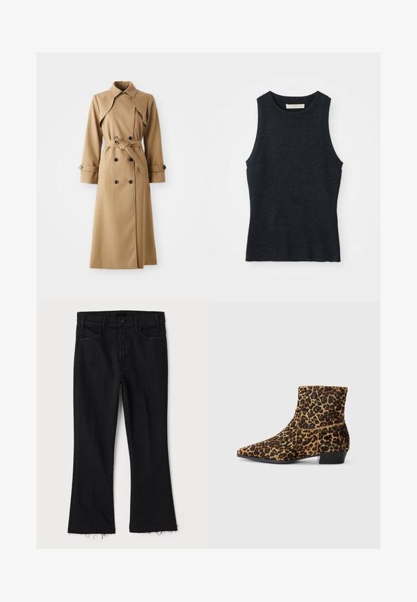 Beige trenchcoat met dubbele knopen, brede kraag, ceintuur in de taille en lange mouwen. Heeft een gemusterde stof en knoopaccenten.; Mouwloze donkergrijze gebreide tanktop met ronde hals, plat gelegd op een witte achtergrond.; Mother LIL HUSTLER FRAY - Bootcut jeans - black denim; Enkellaars met luipaardprint gemaakt van gestructureerde stof, met een puntige neus en blokhak. Het ontwerp heeft een slank silhouet en een gedurfd patroon.