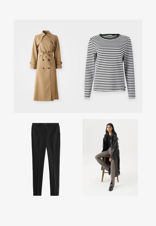 Beige trenchcoat med dobbeltknappe-lukning, bred krave, belted talje og lange ærmer. Har mønstrede stoffer og knapdetaljer.; Langærmet skjorte i sort og hvid stribet design med en rund, grøn halsudskæring. Blødt stof med normal pasform og lige søm.; Sorte bukser i et glat, letvægtsstof. Har en skræddersyet pasform, forkantede folder og standard bæltestropper med sidelommer og baglommer.; Sort læder trench coat med knapper og bælte detalje, parret med lysebrune tætsiddende bukser og sorte loafers, siddende på en træstol.