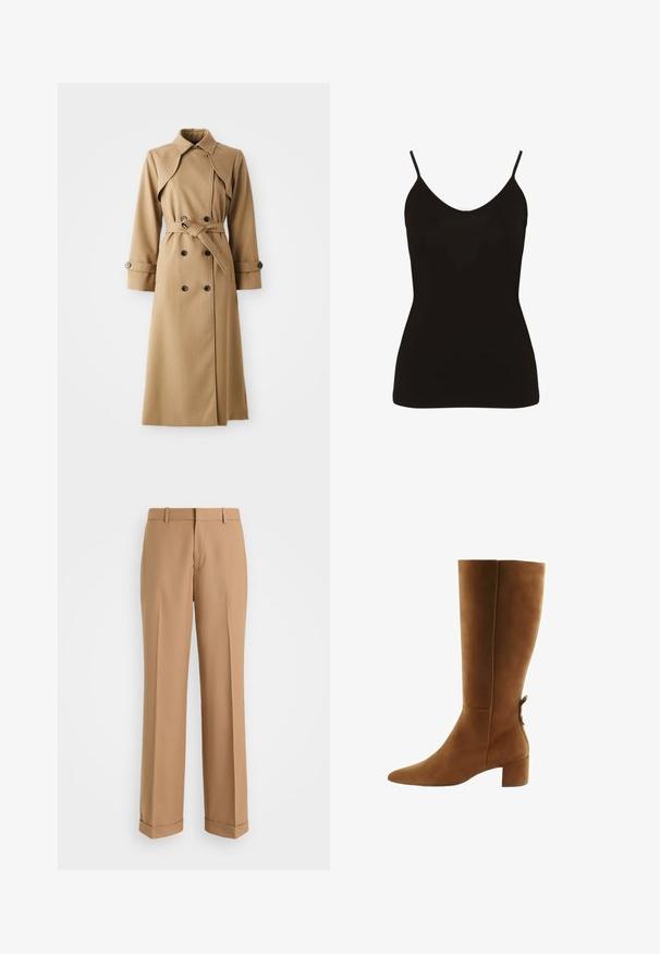 Beige Trenchcoat mit doppelt geknöpften Knöpfen, breitem Kragen, tailliertem Gürtel und langen Ärmeln. Besitzt ein gemustertes Material und Knopfakzente.; Seidensticker Top - black; Beige maßgeschneiderte Hose mit geradem Bein, aus weichem Stoff, mit einer mittigen Bügelfalte und umgeschlagenen Säumen.; Braune Wildleder-Stiefel bis zum Knie mit spitzem Zeh, Blockabsatz und einer Rückendetail-Akzentuierung. Glatte Textur, einfaches Design und hoher Schaft.