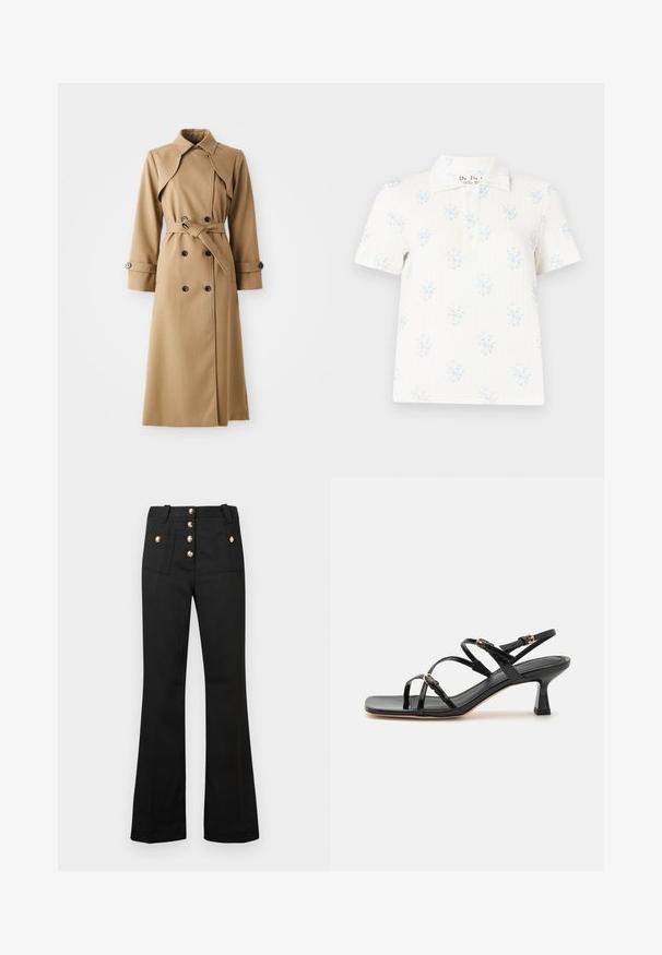 Beige trenchcoat med dobbeltknappe-lukning, bred krave, belted talje og lange ærmer. Har mønstrede stoffer og knapdetaljer.; Hvid kortærmet poloshirt med små blå blomsterprint, en tre-knap lukning og klassisk krave.; Sorte viddebukser med struktureret stof, lukning med fem guldknapper og to forlommer. Skræddersyet pasform med synlige sømdetaljer.; Sorte lakerede sandaler med stropper, kvadratisk tå og en lav blokhæl. Udstyret med guldfarvet hardware og justerbare ankelremme.