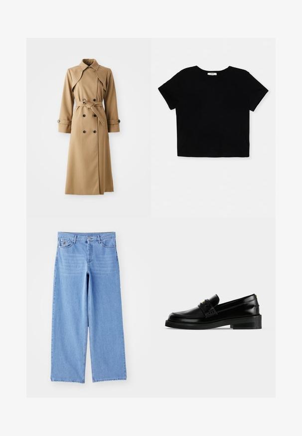 Beige trenchcoat med dobbeltknappe-lukning, bred krave, belted talje og lange ærmer. Har mønstrede stoffer og knapdetaljer.; Sort cropped t-shirt lavet af blødt bomuld, har korte ærmer, en rund halsudskæring og en ren kant uden udsmykninger.; Lys blå brede ben jeans lavet af denim, med et klassisk fem-lomme design og en knaplukning. Glat tekstur, slidte kanter.; Sort poleret læderloafer med lav blokhæl, moktå-syning og en dekorativ rem over toppen.