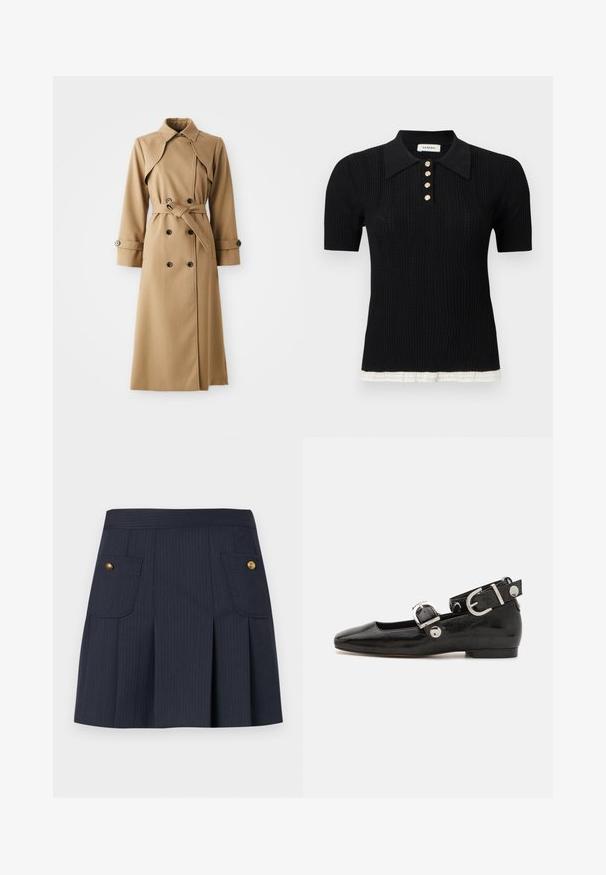 Beige trenchcoat met dubbele knopen, brede kraag, ceintuur in de taille en lange mouwen. Heeft een gemusterde stof en knoopaccenten.; Zwarte korte mouwen gebreide poloshirt met geribbelde textuur, vijf gouden knopen, puntige kraag en witte afwerking aan de zoom.; Donkerblauwe fijngestreepte rok met plooien aan de voorkant en twee klepzakken met gouden knopen aan weerszijden.; Zwarte gepatineerde leren platte schoen met een vierkante neus, enkelband met zilverkleurige hardware en platte zool. Gladde textuur met minimalistisch ontwerp.