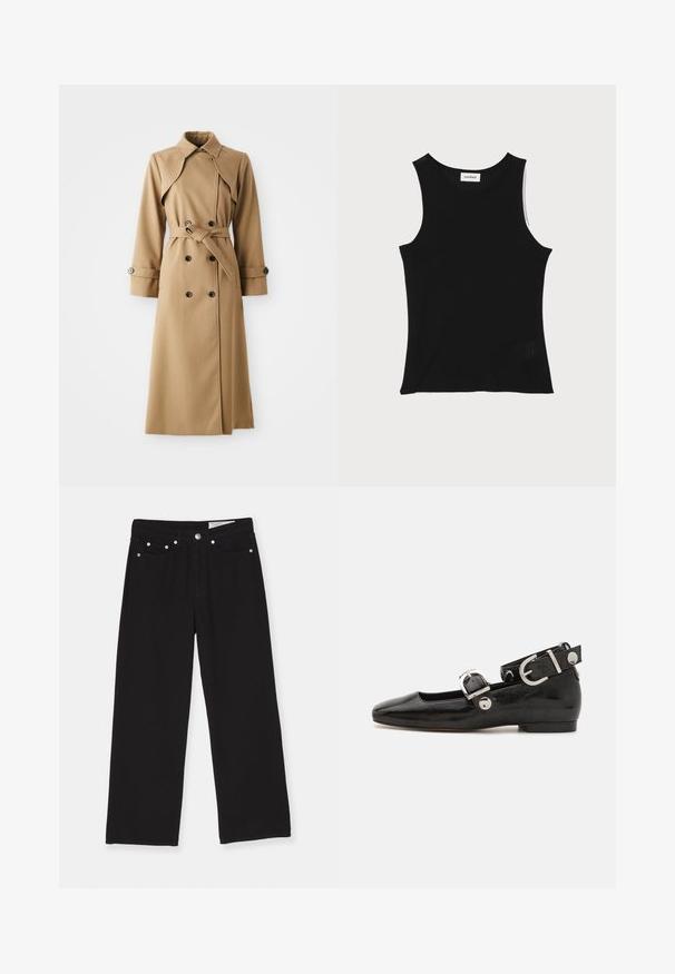 Beige trenchcoat med dobbeltknappe-lukning, bred krave, belted talje og lange ærmer. Har mønstrede stoffer og knapdetaljer.; Sort ribbet tanktop med rund halsudskæring og brede skulderstropper, med en subtil struktureret finish og en lille mesh-detalje ved kanten.; Sorte vidde jeans lavet af denim, med et fem-lomme design, knaplukning og metalhardware detaljer. Struktureret stof med en glat finish.; Sorte patenteret lædersko med firkantet tå, ankelrem med sølvhardware og flad sål. Glat tekstur med minimalistisk design.