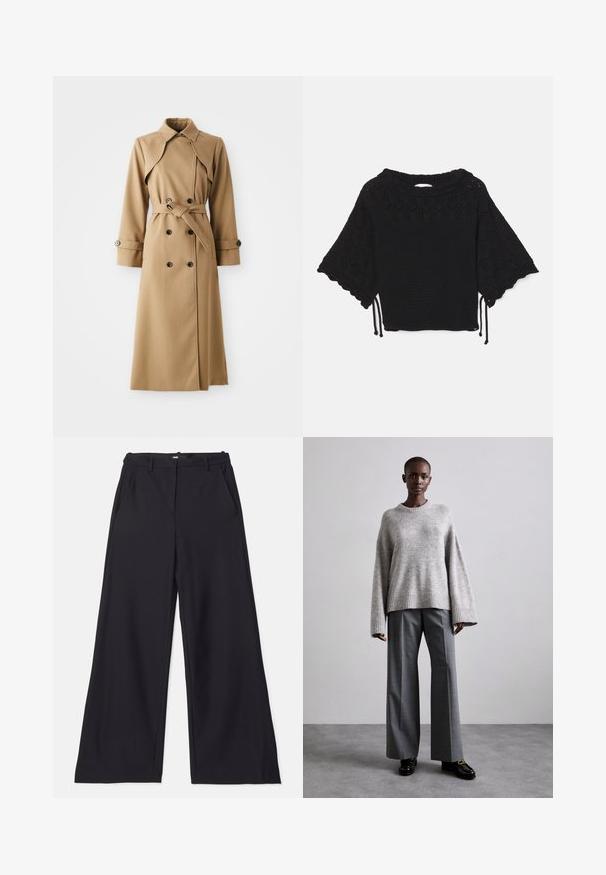 Beige Trenchcoat mit doppelt geknöpften Knöpfen, breitem Kragen, tailliertem Gürtel und langen Ärmeln. Besitzt ein gemustertes Material und Knopfakzente.; Schwarzes gestricktes Kurzarmoberteil mit einem strukturierten Muster, gewellten Ärmeln und Kordelzügen am Saum.; Maje PIMANO - Stoffhose - noir; Grauer Strickpullover mit weiten Ärmeln und geripptem Saum, kombiniert mit hochtaillierten grauen Hosen mit dezentem Karomuster und schwarzen Loafers.