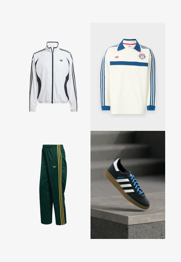 Weiße Trackjacke aus leichtem Material, mit schwarzen seitlichen Akzenten, drei schwarzen Streifen auf den Ärmeln und einem kleinen Logo auf der Brust.; Weißes langärmeliges Sporttrikot mit blauem Kragen, blauen Streifen an den Ärmeln, blauem Bruststreifen, rotem Logo und einem Wappenschild mit Sternen auf der Brust.; Grüne Trainingshose mit Nadelstreifen aus glattem Material, mit gelben Seitenstreifen und einem kleinen Logo vorne. Mit Reißverschlusstasche.; Schwarzer Adidas-Sneaker mit weißen Streifen, blauen Schnürsenkeln und Gummisohle, der über einer grauen Betontreppe im weichen Licht schwebt.
