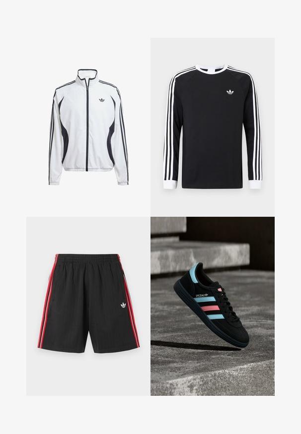 Hvid trackjakke lavet af letvægtsstof, med sorte sideakcenter, tre sorte striber på ærmerne og et lille logo på brystet.; Sort langærmet T-shirt med hvidt trestribet design på ærmerne. Har rund halsudskæring og et lille hvidt logo på brystet.; Sorte atletikshorts med elastisk talje, røde og hvide sidestreger, to sidelommer og hvid Adidas trebladet logo på venstre ben.; Sort Adidas Spezial sneaker med blå og pink striber, svævende over en tekstureret grå betonoverflade med skygge nedenunder.