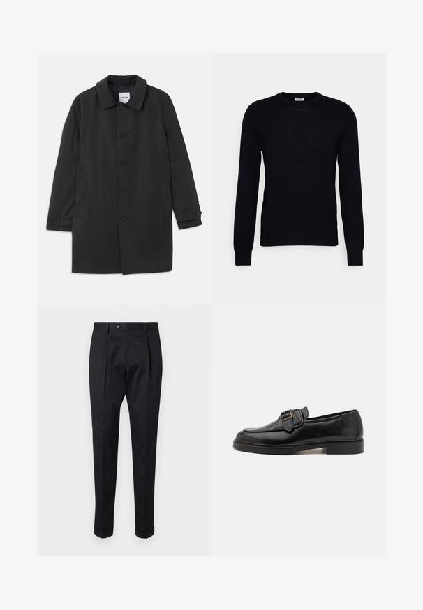 Manteau noir en tissu lisse, avec un col classique et six boutons. Comprend des poches latérales et des poignets boutonnés.; Pull noir à manches longues en tricot doux. Encolure ronde, poignets et ourlet côtelés. Design minimaliste sans motifs ni boutons visibles.; Pantalons noirs en tissu lisse, avec un pli à l'avant, une fermeture à bouton et des ourlets roulés à la cheville.; Mocassins en cuir noir avec un bout arrondi et une boucle décorative. Talon plat, solide et texture lisse sur l'ensemble.