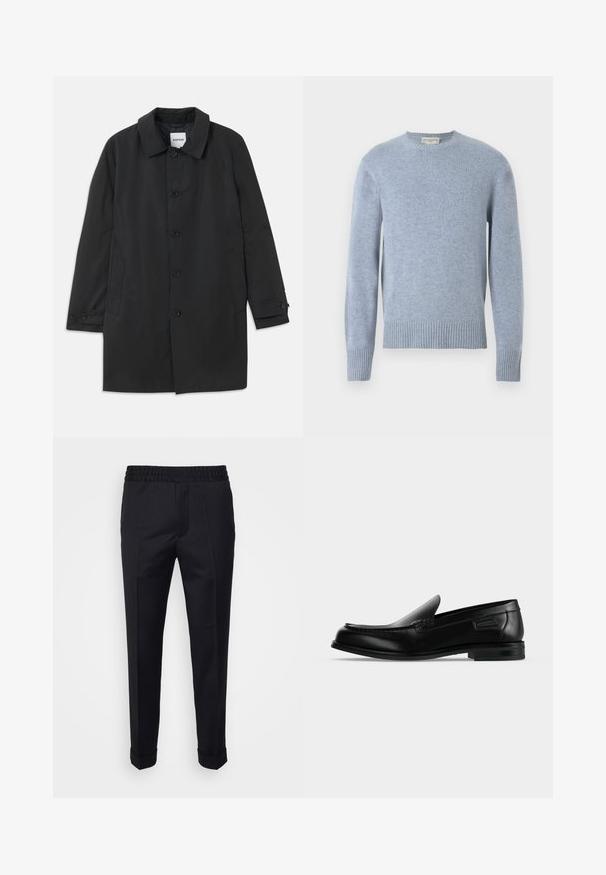 Manteau noir en tissu lisse, avec un col classique et six boutons. Comprend des poches latérales et des poignets boutonnés.; Pull en tricot bleu clair avec un col rond, des bords côtes aux poignets et à l'ourlet. Fabriqué à partir de matériaux doux, il présente une texture lisse et une finition subtile.; Pantalon noir en tissu léger, avec une taille élastique, des poches latérales et des poignets roulés. Texture lisse avec des plis à l'avant.; Mocassin noir en cuir à enfiler avec un petit talon, un bout arrondi et des surpiqûres décoratives le long du bord supérieur.