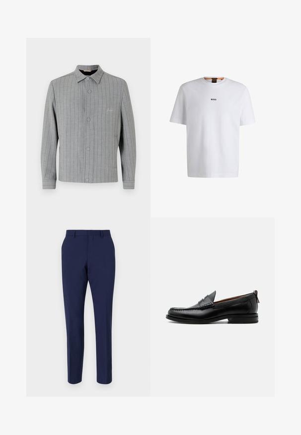 Gråstribet jakke med knaplukning foran, klassisk krave og sidelommer. Har diskret syningsdetalje og struktureret stof.; Hvid bomuld T-shirt med korte ærmer, med et sort "BOSS" logo centreret på brystet og en rund halsudskæring.; Marineblå skræddersyede bukser lavet af glat stof, med en slim fit, flad front og en standard talje med bæltesløjfer.; Sort læder herre loafer med moc-tå syning, penny strop, struktureret krave og lav stablet hæl på hvid baggrund.