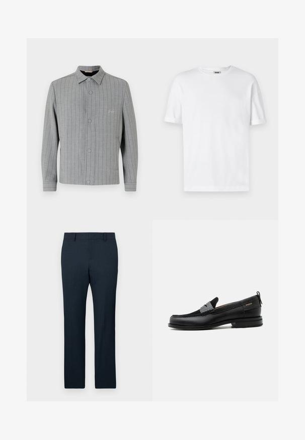Gråstribet jakke med knaplukning foran, klassisk krave og sidelommer. Har diskret syningsdetalje og struktureret stof.; Hvid bomulds T-shirt med rund hals, korte ærmer og oprevet manchetter; enkel design, blød tekstur og lige snit.; Marineblå skræddersyede bukser med struktureret stof, lige ben-design og en frontfold. Har bæltestropper og en glat talje.; Sort læderloafer med grå remdetalje, lav hæl og tekstureret sål, mærket med "HUGO" i guld på siden.