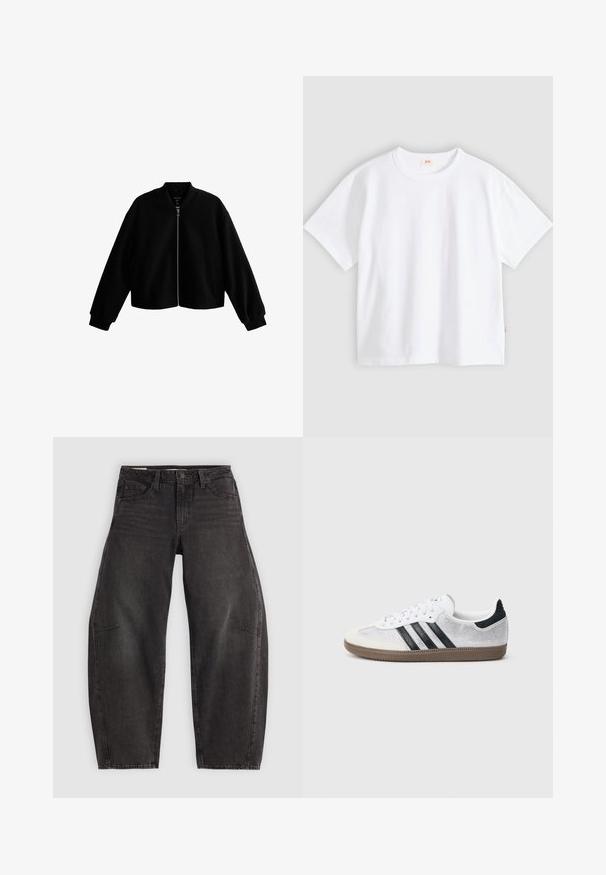 Veste bomber noire raccourcie avec un col rond, fermeture éclair à l'avant et poches latérales. Fabriquée en tissu lisse avec des poignets et un ourlet côtelés.; T-shirt en coton blanc à manches courtes, col rond, coupe décontractée, texture lisse, avec une petite étiquette logo sur la couture latérale gauche.; Jean en denim noir avec une coupe décontractée, comportant cinq poches, une fermeture à bouton et un léger dégradé. Le tissu a une texture lisse et résistante.; Baskets en mesh blanc avec des rayures noires, un embout en daim beige et un accent sur le talon, semelle en caoutchouc texturée, et lacets blancs. Design classique à tige basse.