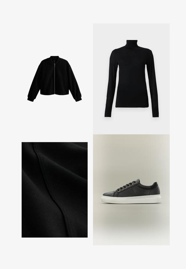 Veste bomber noire raccourcie avec un col rond, fermeture éclair à l'avant et poches latérales. Fabriquée en tissu lisse avec des poignets et un ourlet côtelés.; Pull à col roulé noir en matériau doux et léger. Il a des manches longues et une coupe ajustée avec un col haut.; Tissu noir à texture côtelée, présentant des détails de couture subtils et des plis lisses et fluides. Matériau fin et léger.; Baskets basses noires avec lacets noirs, œillets dorés et semelle blanche épaisse, présentées sur un fond neutre.