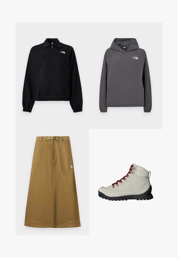 Veste noire à fermeture éclair avec poignets et taille élastiques, col, poches latérales, et logo blanc "The North Face" sur la partie supérieure gauche de la poitrine.; Sweat à capuche gris en polaire avec une coupe décontractée, des poignets côtelés et un petit logo blanc sur la poitrine gauche. Texture douce et design simple.; Jupe longue extérieure beige avec poches avant, ceinture intégrée et logo The North Face sur le côté droit.; Botte de randonnée beige avec des lacets rouges, des œillets en métal et une surface texturée. Elle possède une semelle noire robuste et un détail de logo distinct sur le côté.
