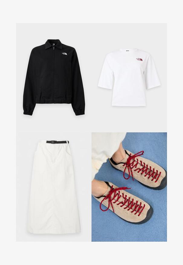 Juoda užtraukiama striukė su elastinėmis rankogaliais ir liemeniu, apykakle, šoninėmis kišenėmis ir baltu "The North Face" logotipu viršutiniame kairiajame krūtinės kampe.; Balti trumpomis rankovėmis marškinėliai su apskrita apykakle ir mažu bordo spalvos "The North Face" logotipu virš kairiojo krūtinės krašto.; Balta ilga sijonas su elastinga juosmens juosta ir juodu reguliuojamu diržu, su šoninėmis kišenėmis ir tiesiu kirpimu.; Bežiniai batai su raudonomis raištelėmis, padėti ant mėlynos tekstūruotos paviršiaus, dalinai atidengia žmogaus kulkšnį. Batai turi sportinį dizainą.