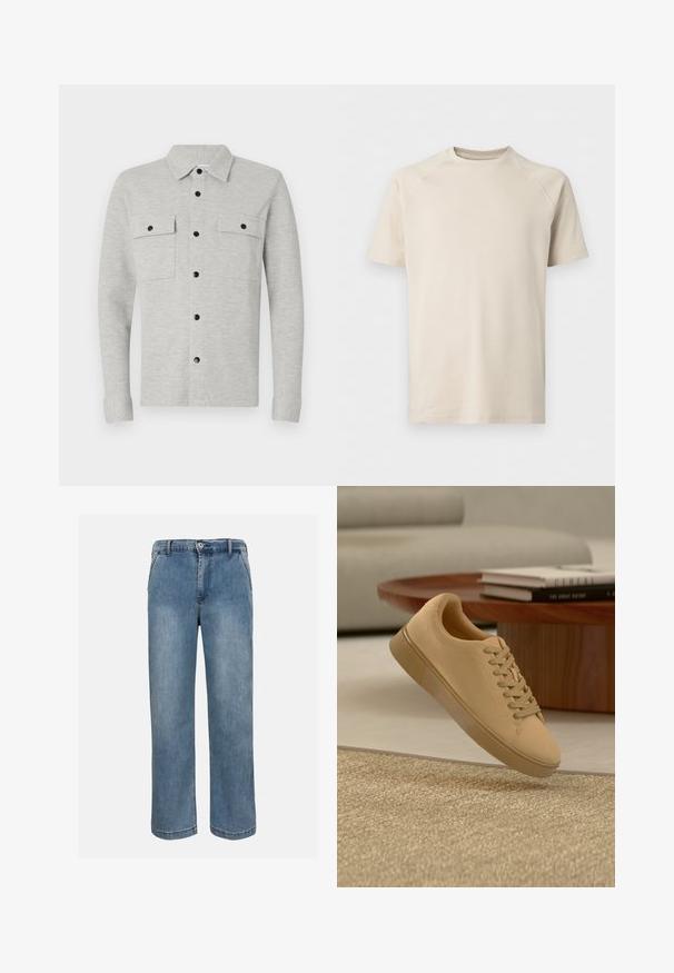 Lichtgrijs overhemd met knopen, uitgerust met twee borstzakken, zwarte knopen en een klassieke kraag. Zacht materiaal met lange mouwen en omgeslagen manchetten.; Beige T-shirt met korte mouwen en ronde hals met raglanmouwen, effen en van gladde stof.; Blauwe rechte spijkerbroek met knopen aan de voorkant, ritssluiting en riemlussen op een neutrale achtergrond.; Beige vetersneaker die boven een gestructureerd tapijt zweeft, met een houten salontafel en gestapelde boeken op een wazige achtergrond.