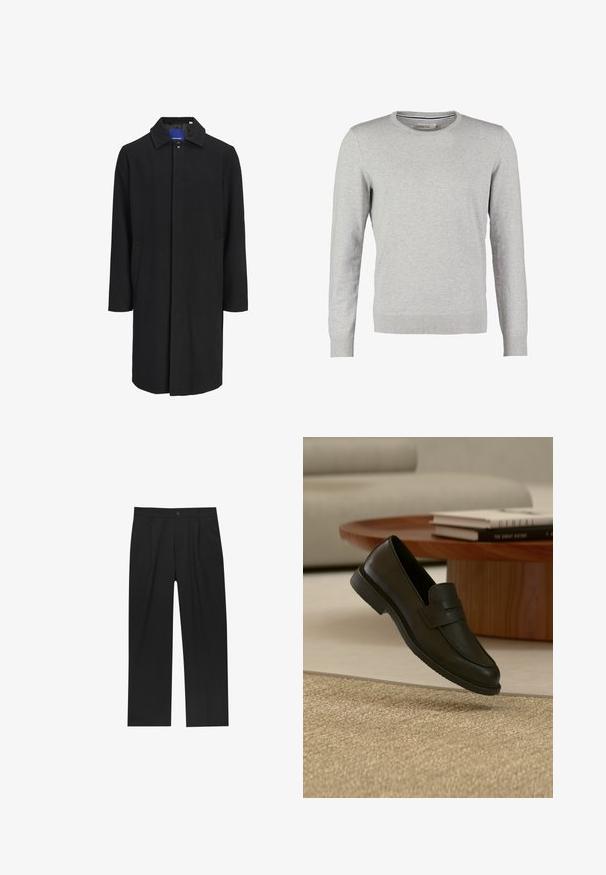 Sort lang herrefrakke med krave, skjult knaplukning og sidelommer, vist mod en ensfarvet lys baggrund.; Grå sweater med lange ærmer, rund halsudskæring, ribbede manchetter og kant. Fremstillet af et glat strikmateriale med en ensartet tekstur. Ingen mønstre eller accenter.; Sorte bukser med lige ben, lavet af et glat stof. Har frontfolder og en enkelt knaplukning i taljen.; Sort læderloafer vist i luften over en beige vævet tæppe, med et træbord og stablede bøger i et blødt oplyst stue.