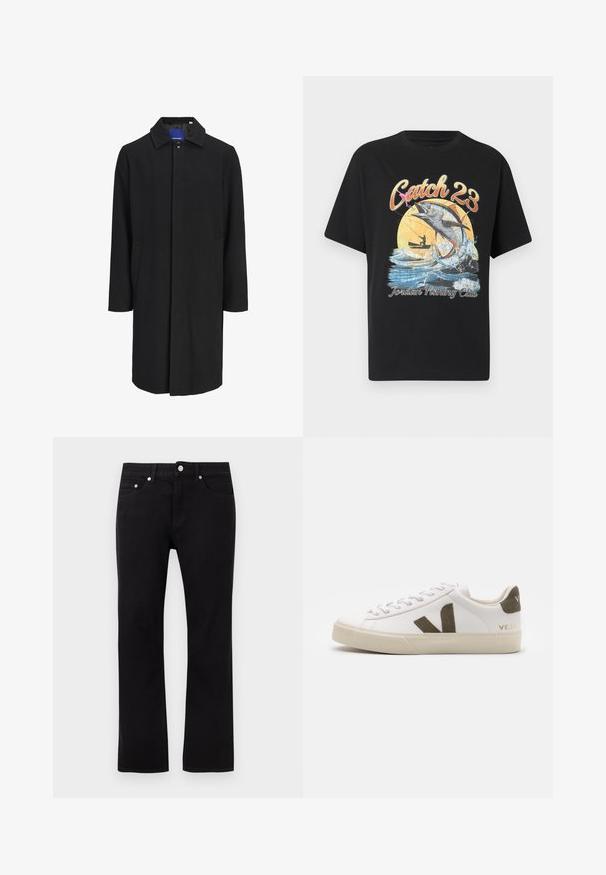 Sort lang herrefrakke med krave, skjult knaplukning og sidelommer, vist mod en ensfarvet lys baggrund.; Sort T-shirt med grafik af stor fisk, der springer op af vandet, fisker i båd, tekst "Catch 23" og "Jordan Fishing Club."; Sorte jeans med lige ben, forreste knap, lynlås, bæltestropper og fem-lommer stil på en ensartet lys baggrund.; Hvide læder sneakers med en lys beige gummisål. Har en brun ruskinds V-logo og hælflap. Snørret lukning med en struktureret overflade.