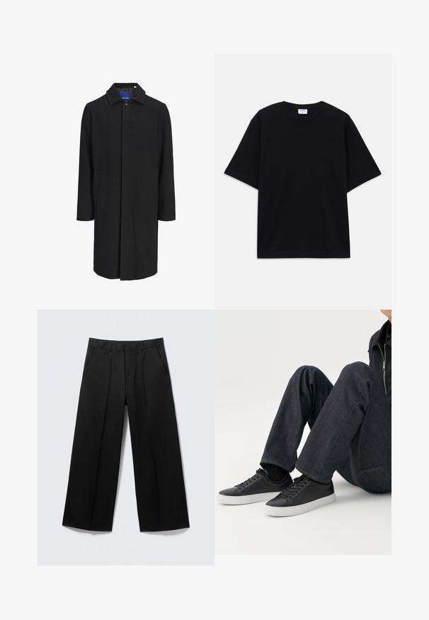 Sort lang herrefrakke med krave, skjult knaplukning og sidelommer, vist mod en ensfarvet lys baggrund.; Sort oversized T-shirt med korte ærmer og rund halsudskæring, med synlig Filippa K mærke indeni kraven.; Sorte vidde-bukser med bæltestropper, forlommer og lynlås foran, vist på en lysegrå baggrund.; Person siddende med bøjede ben, iført mørkeblå jeans og sorte lave sneakers med hvide såler på en hvid baggrund.