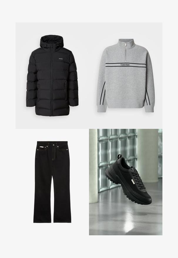 Schwarze Daunenjacke mit Reißverschluss vorne, Kapuze mit Kordelzug, gestepptem Muster und Markenlogo auf der linken Brust. Verfügt über Seitentaschen.; Grauer Sweatshirt mit Reißverschluss und hohem Kragen. Verfügt über schwarze Streifen und ein Logo auf der Brust. Weicher, strukturierter Stoff. Lässiges Design.; Schwarze Jeans mit geradem Bein, oranger Naht, fünf Taschen, Knopfverschluss und kleinem Calvin Klein-Label auf der vorderen rechten Tasche.; Schwarzer sportlicher Sneaker mit Mesh-Seitenteilen und dicker Sohle, der drinnen in der Nähe von Glasbausteinen und Säulen auf einem glatten Boden schwebt.