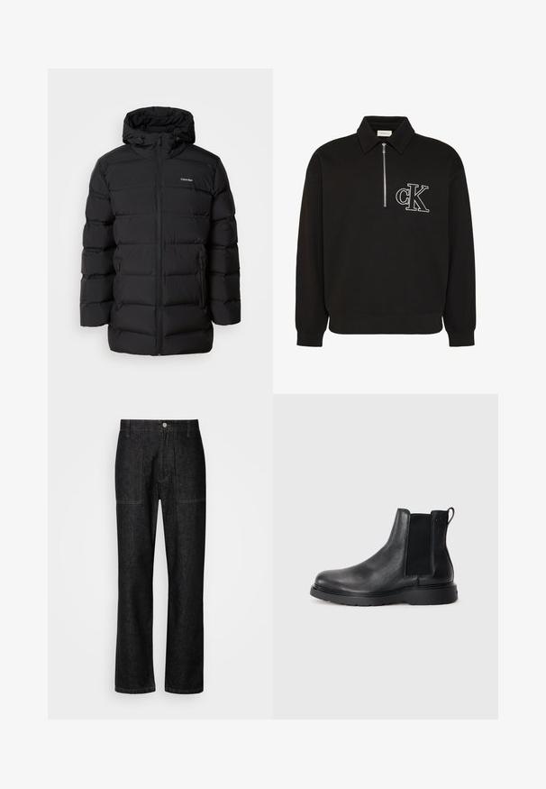 Schwarze Daunenjacke mit Reißverschluss vorne, Kapuze mit Kordelzug, gestepptem Muster und Markenlogo auf der linken Brust. Verfügt über Seitentaschen.; Schwarzer Langarm-Pullover mit Kragen, halbem Frontreißverschluss und weiß besticktem "cK" Logo auf der linken Brust.; Schwarze Jeans mit geradem Bein, sichtbaren Nähten und einem Frontknopfverschluss. Enthält zwei Seitentaschen und zwei Gesäßtaschen.; Schwarze Leder-Chelsea-Boots mit strukturiertem Finish, elastischen seitlichen Einsätzen und einer robusten Gummisohle. Dezentes Branding an der Ferse.