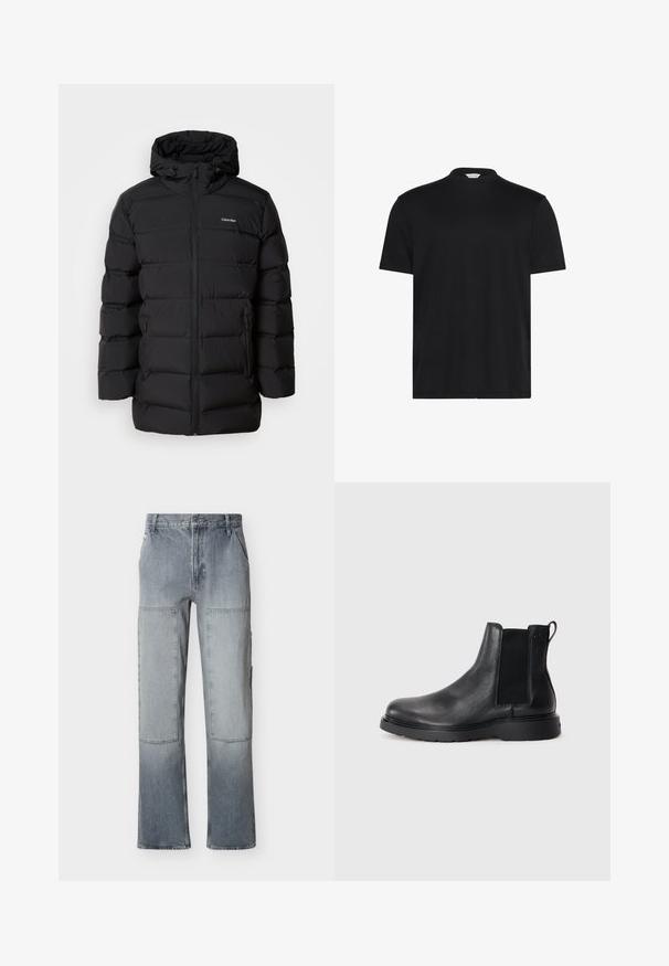 Schwarze Daunenjacke mit Reißverschluss vorne, Kapuze mit Kordelzug, gestepptem Muster und Markenlogo auf der linken Brust. Verfügt über Seitentaschen.; Schwarzes T-Shirt mit kurzem, hohem Kragen. Aus weichem Stoff gefertigt, verfügt es über kurze Ärmel und eine lässige Passform ohne auffällige Muster oder Akzente.; Graue Jeanshose mit hohem Bund, großen rechteckigen Knieschützern und weitem Bein, ausgestattet mit vorderen Taschen und einem Knopfverschluss.; Schwarze Leder-Chelsea-Boots mit strukturiertem Finish, elastischen seitlichen Einsätzen und einer robusten Gummisohle. Dezentes Branding an der Ferse.
