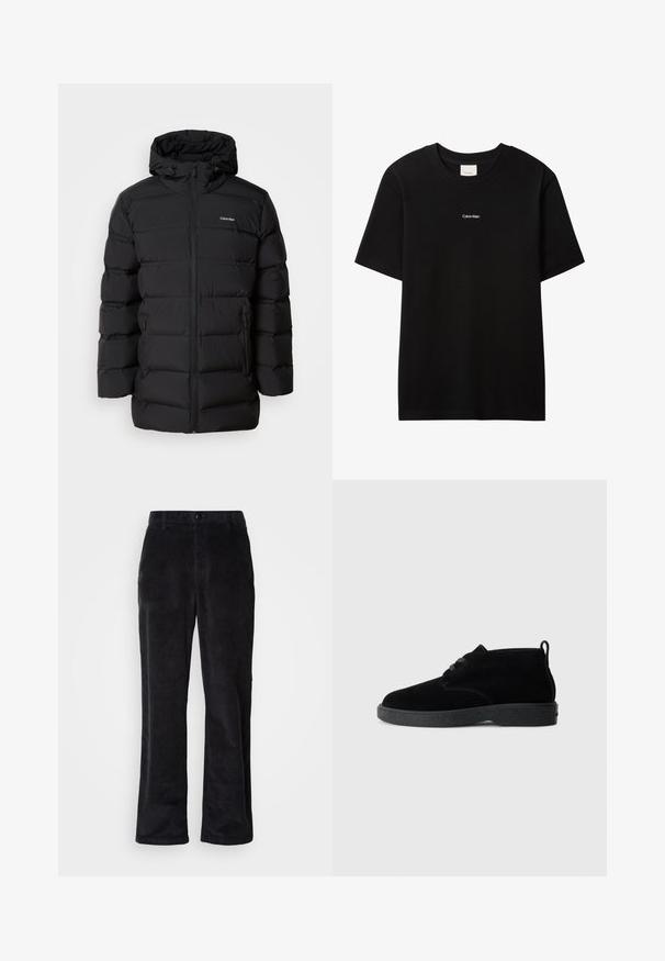 Schwarze Daunenjacke mit Reißverschluss vorne, Kapuze mit Kordelzug, gestepptem Muster und Markenlogo auf der linken Brust. Verfügt über Seitentaschen.; Schwarzes Baumwoll-T-Shirt mit Rundhalsausschnitt und kurzen Ärmeln. Auf der Vorderseite befindet sich ein kleines weißes "Calvin Klein"-Logo. Glatte, klassische Passform.; Cordhosen in dunklem Schwarz mit geradem Bein, ausgestattet mit Knopfverschluss, Gürtelschlaufen und Seitentaschen für funktionalen Gebrauch.; Schwarze Wildleder-Stiefeletten mit runder Zehenpartie, Schnürdesign, schwarzem Gummisohle und einem Zugband an der Rückseite für einfaches An- und Ausziehen.