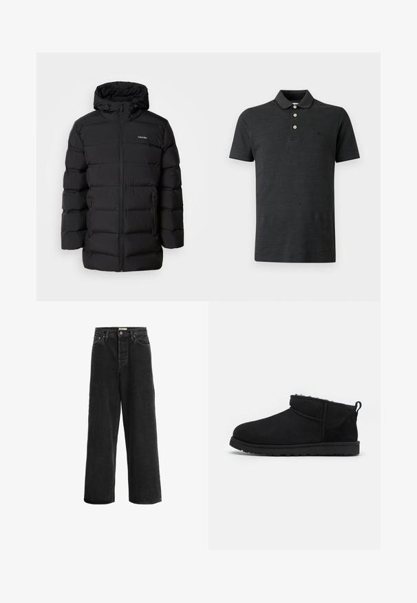 Chaqueta de plumas negra con cremallera frontal, capucha ajustable con cordón, patrón acolchado y logo de la marca en el lado izquierdo del pecho. Cuenta con bolsillos laterales.; Polo negro de manga corta con tres botones blancos y un cuello acanalado, mostrado sobre un fondo liso y claro.; Jeans de pierna ancha negros fabricados en denim. Presentan una cintura alta, dos bolsillos frontales, un cierre con botón y detalles de costura sutiles.; Botines de ante negros con un forro suave y texturizado, suela de goma de perfil bajo y una lengüeta en la parte posterior para facilitar su uso.