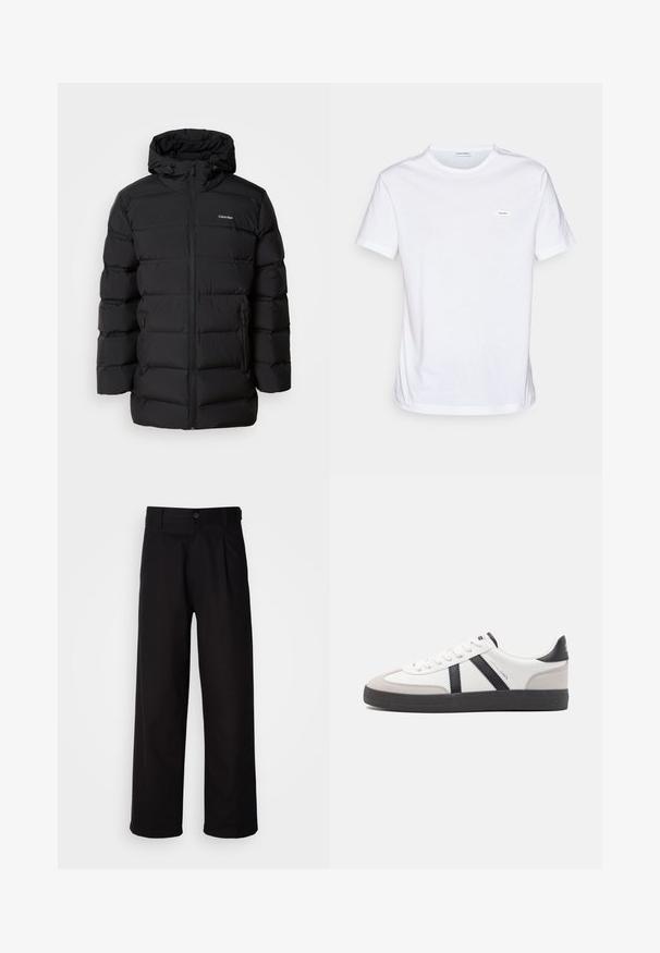 Schwarze Daunenjacke mit Reißverschluss vorne, Kapuze mit Kordelzug, gestepptem Muster und Markenlogo auf der linken Brust. Verfügt über Seitentaschen.; Weißes Baumwoll-T-Shirt mit kurzen Ärmeln, Rundhalsausschnitt und einem kleinen Markenlabel auf der Brust. Glatte Textur und minimalistisches Design.; Schwarze Hosen aus glattem Stoff, mit geradem Bein, vornehme Falten und einem einzigen Knopfverschluss an der Taille.; Weiße Sneaker mit schwarz- und grau-aczenten, ausgestattet mit einer strukturierten grauen Zehenkappe, schwarzer Gummi-Sohle und flachen weißen Schnürsenkeln. Sauberes Design, minimalistische Stil.