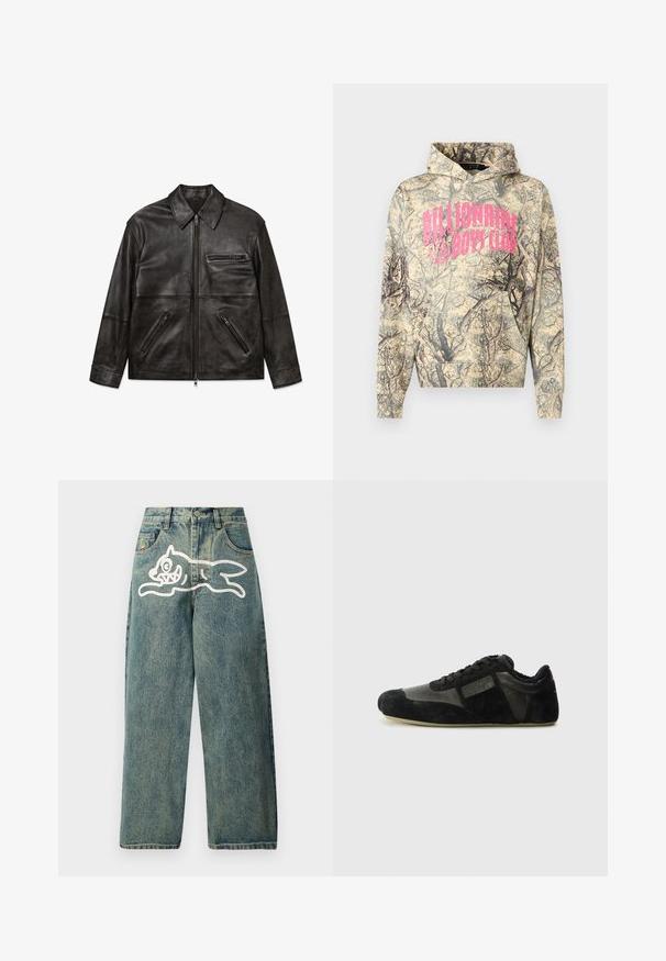 Chaqueta de cuero negra con cremallera frontal, cuello clásico y tres bolsillos con cremallera, presentada plana sobre un fondo blanco.; Sudadera con capucha de patrón camuflaje en beige y negro, con un logo rosa de "Billionaire Boys Club", que incluye un bolsillo canguro y capucha con cordón.; Jeans de mezclilla de color azul claro con un ajuste holgado, que presentan un gran gráfico de un gato blanco en la pierna izquierda y un diseño tradicional de cinco bolsillos.; Zapatillas negras hechas de ante y cuero. Presentan un perfil bajo, punta redondeada, diseño de cordones y acentos texturizados. Las suelas tienen textura antideslizante.