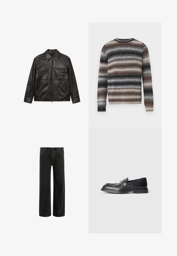 Sort læderjakke med frontlynlås, klassisk krave og tre lynlåslommer, vist fladt på hvid baggrund.; Strikket sweater med vandrette striber i nuancer af brun, grå og sort. Rund hals, lange ærmer samt ribstrikkede manchetter og kant.; Sorte denim bredde ben jeans med høj talje, med klassisk fem-lomme design og subtil falmning for et tekstureret udseende.; Sorte læder loafers med en struktureret finish, der har en dekorativ frontrem og en rundet tå. Gummisål for holdbarhed.