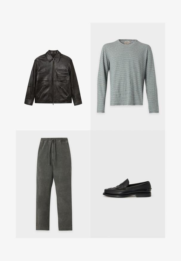 Chaqueta de cuero negra con cremallera frontal, cuello clásico y tres bolsillos con cremallera, presentada plana sobre un fondo blanco.; Camiseta de manga larga con cuello redondo y finas rayas horizontales en blanco y negro, mostrada plana sobre un fondo claro.; Pantalones de pana gris oscuro con cintura elástica y cordón, corte recto, sin bolsillos visibles, mostrados sobre fondo blanco.; Mocasín de cuero negro con un detalle trenzado en la parte frontal, punta redondeada y tacón bajo. Textura suave y diseño minimalista.
