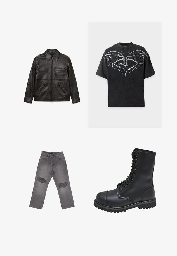 Schwarze Lederjacke mit Vorderreißverschluss, klassischem Kragen und drei Reißverschlusstaschen, flach auf weißem Hintergrund gezeigt.; Schwarzes oversized T-Shirt mit weißem symmetrischem abstraktem Tribal-Design über Brust und Schultern.; Hoch taillierte graue Denim-Jeans mit weitem Bein und großen abgenutzten Stellen an beiden Knien, mit Taschen vorne und Gürtelschlaufen.; Schwarze Lederkampfstiefel mit hohem Schaft, Schnürung an der Vorderseite, gepolstertem Kragen und rutschfester, strukturierter Sohle für guten Halt. Mit verstärkter Zehenkappe.