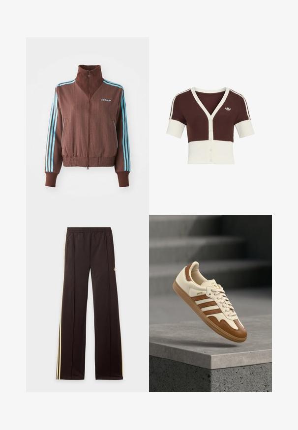 Braune Zip-Jacke mit strukturiertem Rippdesign, die türkise Akzente mit drei Streifen an den Schultern und Ärmeln aufweist, sowie ein gesticktes Logo.; Kurzärmeliger Cardigan mit braunem Oberteil und cremefarbenem Unterteil, mit V-Ausschnitt, Knopfverschluss und dezentem Drei-Streifen-Design.; Schwarze Jogginghose mit gelben Seitenstreifen, elastischem Bund, seitlichen Reißverschlusstaschen und kleinem Logo am oberen Oberschenkel.; Klassischer Sneaker mit cremefarbenem Lederobermaterial, braunen Akzenten, drei Streifen und einer strukturierten Gummisohle. Verfügt über eine abgerundete Spitze und eine Schnürverschluss.