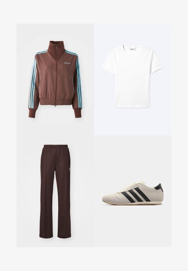 Bruine zip-up jas met een geribbelde textuur, voorzien van turquoise drie-strepen accenten op de schouders en mouwen, en een geborduurd logo.; Effen wit T-shirt met korte mouwen en ronde hals met een klein "WEEKDAY" label aan de binnenkant van de hals, plat neergelegd op een lichte achtergrond.; Bruine sportieve broek met een elastische tailleband, twee zijzakken en een klein logo aan de linkerzijde, gemaakt van een zachte stof.; Lichtgrijze sneaker met zwarte strepen, ronde neus, glad leren bovenwerk, een klittenbandsluiting en een rubberen zool.