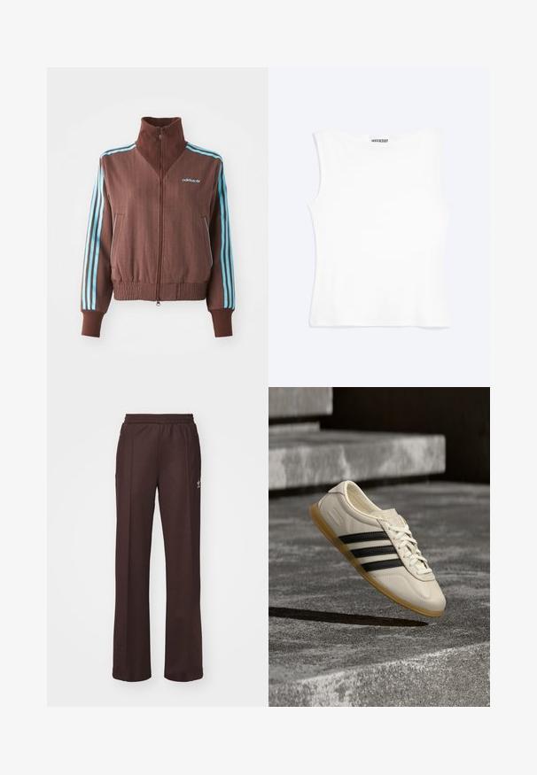 Braune Zip-Jacke mit strukturiertem Rippdesign, die türkise Akzente mit drei Streifen an den Schultern und Ärmeln aufweist, sowie ein gesticktes Logo.; Weißes, ärmelloses, figurbetontes Tanktop mit rundem Ausschnitt und minimalistischem Design, innen am Kragen mit der Aufschrift „WEEKDAY“.; Braune Sporthose mit einem elastischen Bund, zwei Seitentaschen und einem kleinen Logo auf der linken Seite, gefertigt aus weichem Stoff.; Weißer Sneaker mit schwarzen Streifen und Gummisohle schwebt über Betontreppen im sanften Tageslicht.