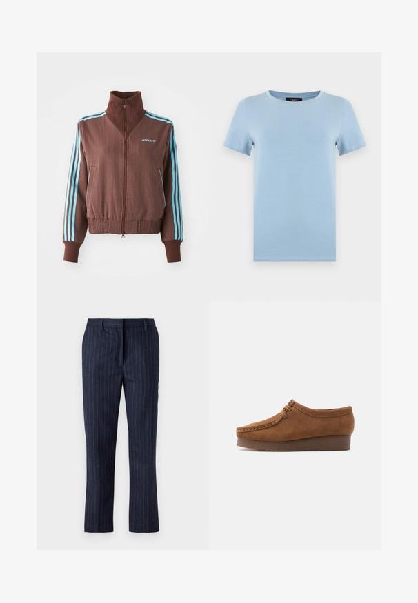 Braune Zip-Jacke mit strukturiertem Rippdesign, die türkise Akzente mit drei Streifen an den Schultern und Ärmeln aufweist, sowie ein gesticktes Logo.; Hellblaues T-Shirt mit kurzen Ärmeln und Rundhalsausschnitt, einfach vernäht, vor weißem Hintergrund dargestellt.; Marine gestreifte Hose aus strukturiertem Stoff, mit geradem Schnitt, Seitentaschen und flachem Frontdesign.; Brauner Mokassinschuh aus Wildleder im Mokassin-Stil mit dicker Sohle und Schnürdetail, seitlich auf weißem Hintergrund abgebildet.