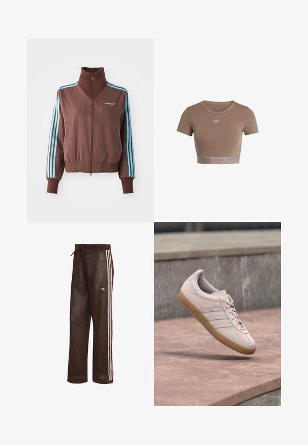 Bruine zip-up jas met een geribbelde textuur, voorzien van turquoise drie-strepen accenten op de schouders en mouwen, en een geborduurd logo.; Bruin geribd crop top met korte mouwen, ronde halslijn en een textuurrand aan de onderkant met een subtiel logopatroon.; Bruine mesh trainingsbroek met roze drievoudige strepen aan de zijkanten, elastische tailleband met trekkoord en Adidas trefoil-logo op de linker dij.; Lichtroze suède sneaker met een zool van bruine rubber. Heeft drie zijstrepen en een ingeblazen "Gazelle"-branding aan de zijkant.