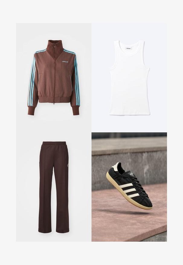 Bruine zip-up jas met een geribbelde textuur, voorzien van turquoise drie-strepen accenten op de schouders en mouwen, en een geborduurd logo.; Wit mouwloos geribd tanktopje met ronde hals en een klein label met daarop "WEEKDAY" aan de binnenkant van de kraag.; Bruine sportieve broek met een elastische tailleband, twee zijzakken en een klein logo aan de linkerzijde, gemaakt van een zachte stof.; Zwarte Adidas sneaker met witte strepen en beige zool, vastgelegd in de lucht boven een stenen oppervlak en een stenen muur op de achtergrond.