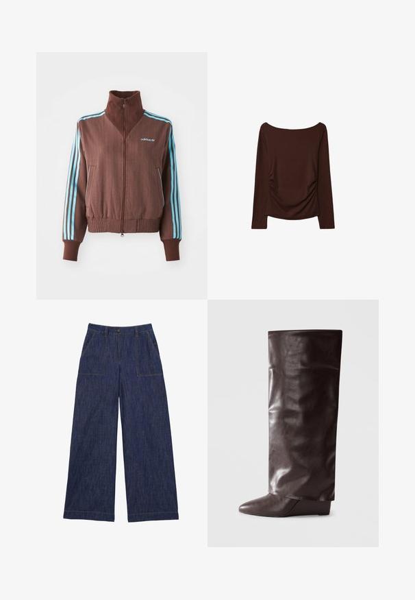 Brun zip-up jakke med ribbet tekstur, der har turkise tre-stribe accenter på skuldrene og ærmerne samt et broderet logo.; Brun langærmet top med en bred udskæring og rynkede detaljer på siderne, lavet af et blødt, strækbart materiale.; Bukser i vidt ben i mørkeblå denim med forlommer, knaplukning og bæltestropper.; Brun læder knæhøj støvle med en glat tekstur, spids tå, lav kilehælhøj samt en let krøllet finish.