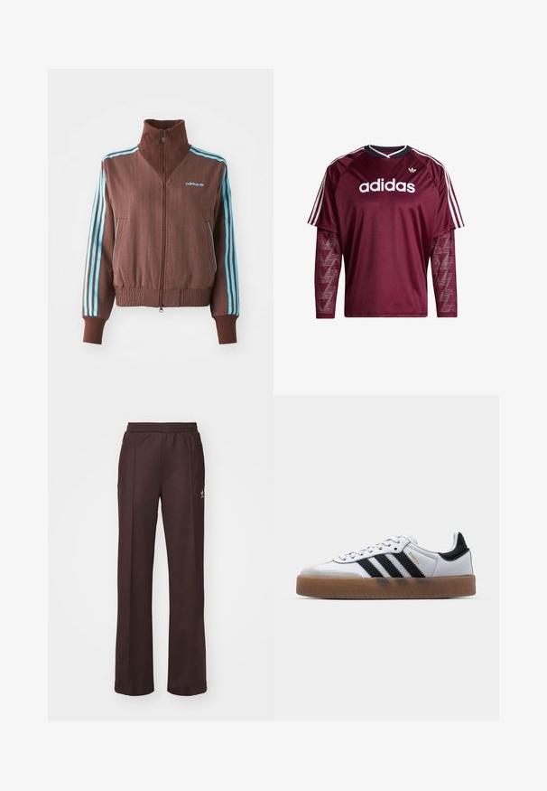Brun zip-up jakke med ribbet tekstur, der har turkise tre-stribe accenter på skuldrene og ærmerne samt et broderet logo.; Mørkerød Adidas langærmet trøje med netærmer, hvidt logo og striber på skuldrene, sort og hvid krave, forfra.; Brune træningsbukser med elastisk talje, to sidelommer og et lille logo på venstre side, lavet af et blødt stof.; Hvide lædersneakers med sorte striber, gummirubber sål, rund tå, snørelukning og blød grå ruskinds tåhætte.