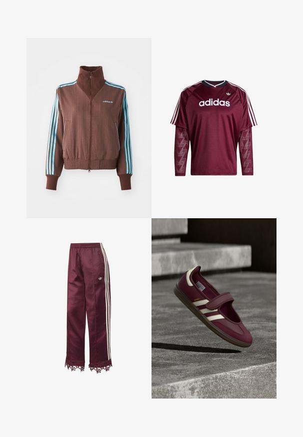 Hnedá zipsová bunda s rebrovanou textúrou, s tyrkysovými trojpruhovými akcentmi na pleciach a rukávoch, a vyšitým logom.; Vínovočervené tričko Adidas s dlhým rukávom a sieťovinovými rukávmi, biele logo a pruhy na pleciach, čierno-biely golier, pohľad spredu.; Tmavočervené saténové tepláky s bielymi bočnými pásikmi, elastickým pásom, vreckami na zips a čipkovaným lemom na spodku.; Vínová športová obuv s prackou, bielymi bočnými pruhmi, textúrovanou gumovou podrážkou a hladkým horným materiálom. Nastaviteľné priliehanie s podloženým vnútrom.