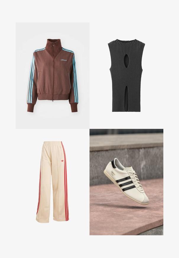 Braune Zip-Jacke mit strukturiertem Rippdesign, die türkise Akzente mit drei Streifen an den Schultern und Ärmeln aufweist, sowie ein gesticktes Logo.; Mango Top - anthracite; Beige weit geschnittene Jogginghose mit elastischem Bund, roten Seitenstreifen, Reißverschlusstasche und rotem Adidas-Trefoil-Logo am rechten Oberschenkel.; Weißer Adidas-Sneaker mit schwarzen Streifen und beige-farbener Sohle, der über einer rosa gefärbten Betonfläche und einem grauen Steinhintergrund schwebt.