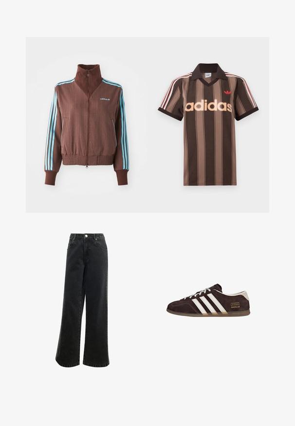 Bruine zip-up jas met een geribbelde textuur, voorzien van turquoise drie-strepen accenten op de schouders en mouwen, en een geborduurd logo.; Bruine gestreepte Adidas polo met V-hals, bordeauxrode kraag en rood logo. Heeft witte en rode schouderstrepen, korte mouwen.; Hoge taille, wijde zwarte denim broek met een knoopsluiting, vijf zakken en een klein logo geborduurd op de voorkant. Gestructureerde stof.; Bruine suède sneakers met drie witte strepen, rubberen zool en een tekstlabel met de tekst "Gazelle" in goud. Vetersluiting met grijze veters.