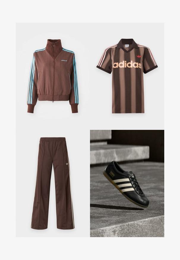 Bruine zip-up jas met een geribbelde textuur, voorzien van turquoise drie-strepen accenten op de schouders en mouwen, en een geborduurd logo.; Bruine gestreepte Adidas polo met V-hals, bordeauxrode kraag en rood logo. Heeft witte en rode schouderstrepen, korte mouwen.; Bruine sportbroek met een wijd uitlopende pijp, witte zijstrepen, een elastische tailleband en twee zijzakken. Heeft een klein logo op het been.; Zwarte leren sneaker met wit ontwerp van drie strepen, gestructureerde accenten, zwarte veters en een gum zool. Merkenlogo zichtbaar op de tong.