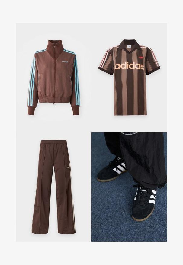 Bruine zip-up jas met een geribbelde textuur, voorzien van turquoise drie-strepen accenten op de schouders en mouwen, en een geborduurd logo.; Bruine gestreepte Adidas polo met V-hals, bordeauxrode kraag en rood logo. Heeft witte en rode schouderstrepen, korte mouwen.; Bruine sportbroek met een wijd uitlopende pijp, witte zijstrepen, een elastische tailleband en twee zijzakken. Heeft een klein logo op het been.; Zwarte suède sportschoenen met drie witte strepen en zwarte veters. Een gestructureerde zwarte broek is deels zichtbaar naast de schoenen.