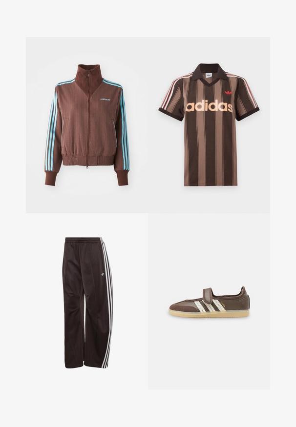 Braune Zip-Jacke mit strukturiertem Rippdesign, die türkise Akzente mit drei Streifen an den Schultern und Ärmeln aufweist, sowie ein gesticktes Logo.; Braunes gestreiftes Adidas-Poloshirt mit V-Ausschnitt, bordeauxrotem Kragen und rotem Logo. Mit weißen und roten Schulterstreifen, kurzen Ärmeln.; Schwarze Adidas Trainingshose mit weißen drei Streifen an den Seiten, elastischem Bund, seitlicher Reißverschlusstasche und Adidas-Logo am linken Bein.; Brauner Sneaker mit beiger Gummisohle, drei weißen Streifen an der Seite und einem einzelnen Klettverschluss oben.