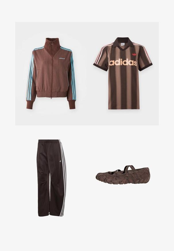 Bruine zip-up jas met een geribbelde textuur, voorzien van turquoise drie-strepen accenten op de schouders en mouwen, en een geborduurd logo.; Bruine gestreepte Adidas polo met V-hals, bordeauxrode kraag en rood logo. Heeft witte en rode schouderstrepen, korte mouwen.; Zwarte Adidas trainingsbroek met witte drie strepen langs de zijkanten, elastische tailleband, zijzak met rits en Adidas-logo op het linkerbeen.; Bruine suède instapper met elastische kruisbanden en een getextureerde rubberen zool, ontworpen voor licht comfort en een flexibele pasvorm.